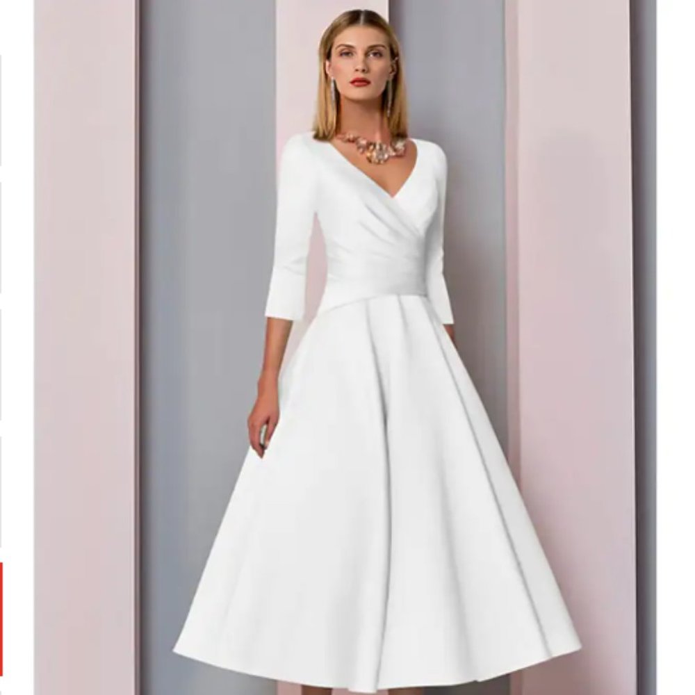 A-Line Mother of the Bride Dress Vintage Plus Size Elegant V Neck Tea Length - Picture 1 of 1